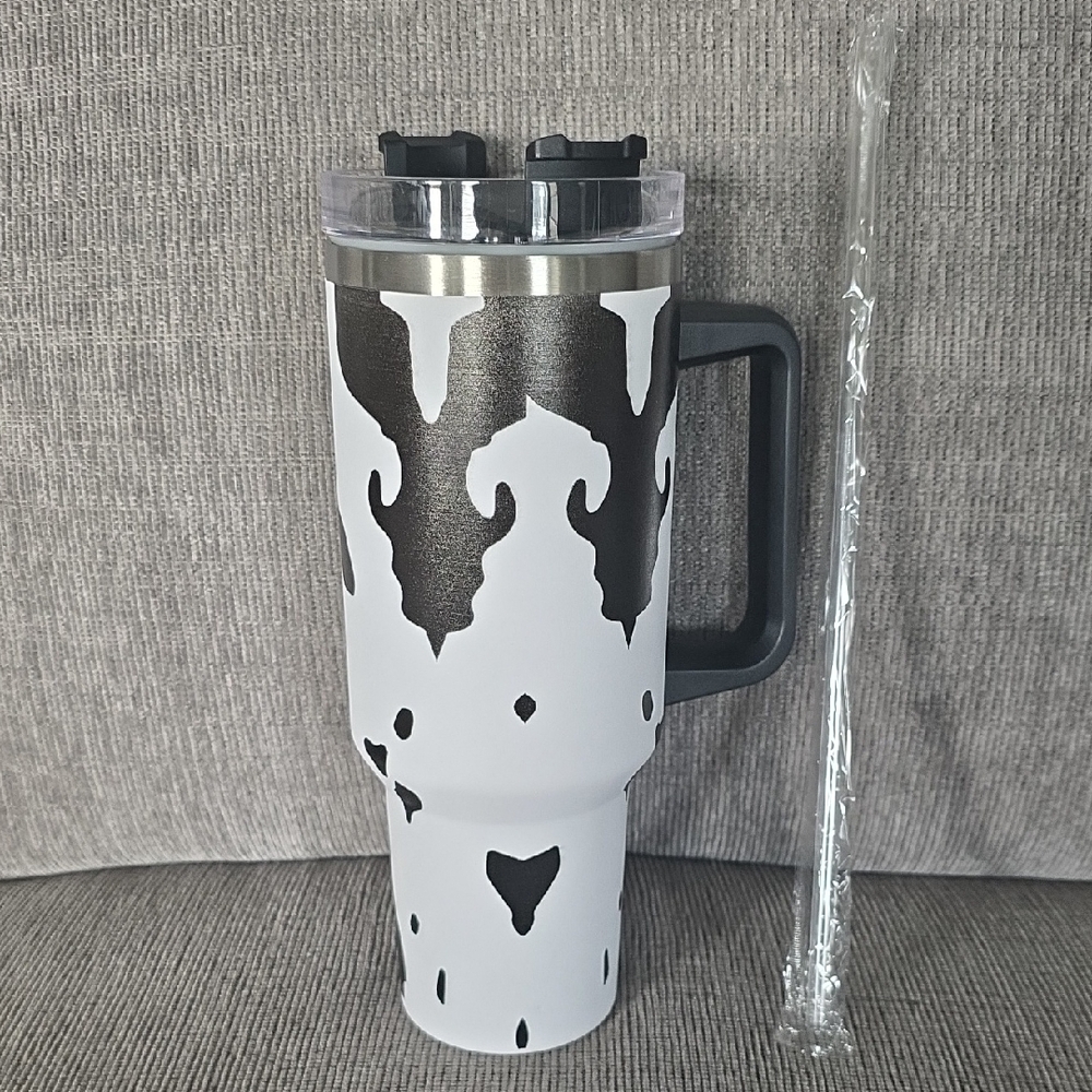 Black and White,‎ Cow-Themed Tumbler with Handle, 40oz., New In Box.